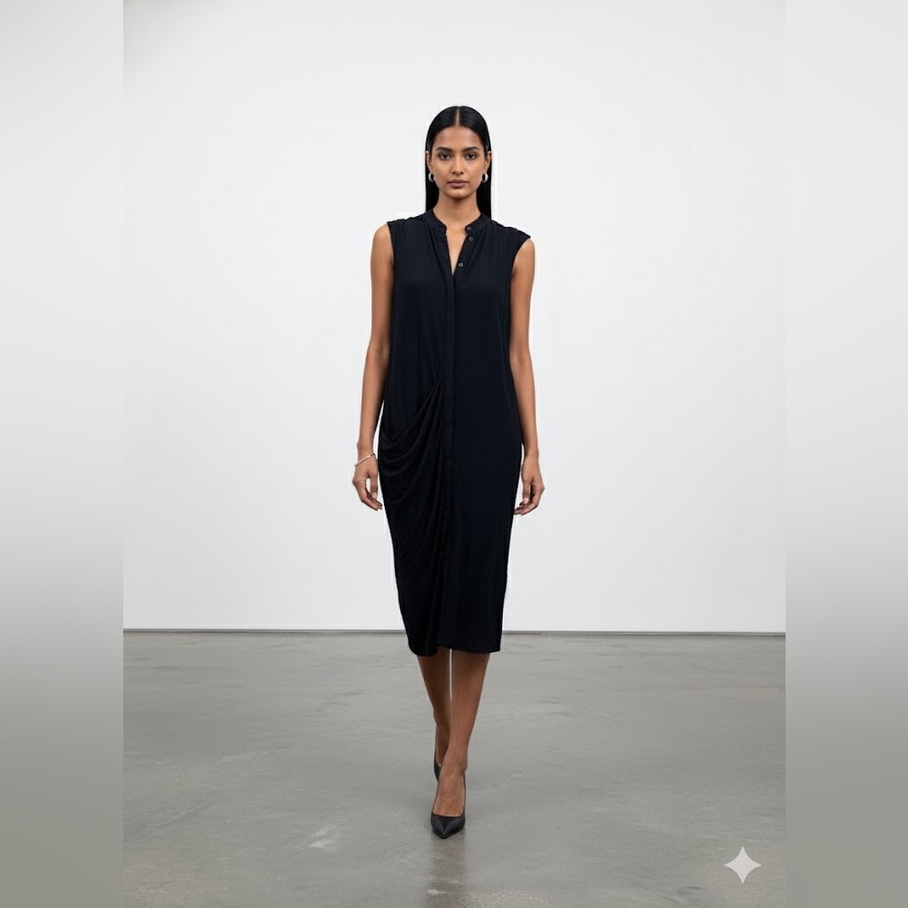 All Saints Black Midi button up draped Dress size 6 euc sheer